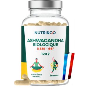 nutri&co – ashwagandha bio ksm 66® – extrait breveté 1200 mg – 120 gélules vegan – vitalité, sommeil et gestion du stress – fabriqué en france