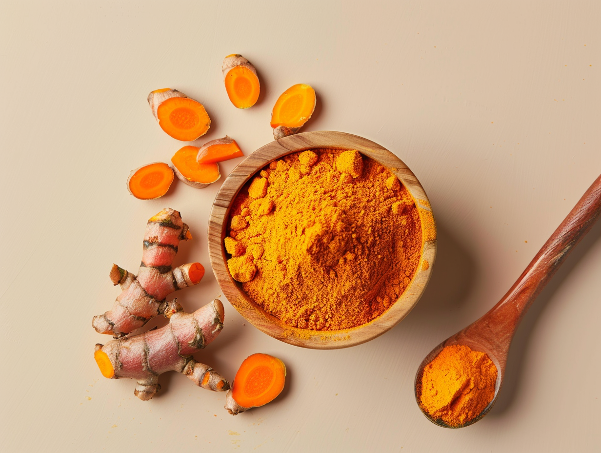 turmeric powder in a small wooden bowl with a wooden spoon, surrounded by fresh turmeric roots on a light beige background, natural soft daylight, warm tones, healthy food photography style, clean composition, minimalist aesthetic --